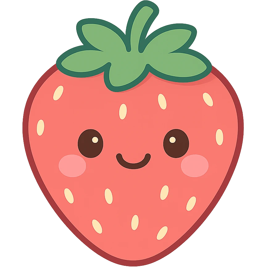 A series of illustrations stawberry in a kawaii emoji style, with detailed shading and highlights, thin clean outlines, soft and rounded features. Pastel color palette using  #FF5B5B, #CE4C4C,#CE4C4CThe style is inspired by modern Japanese pop art and sticker aesthetics. Highly detailed, vector clarity, soft lighting and subtle shadows. Transparent background without background. emoji