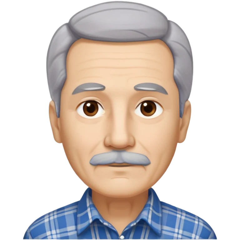 Senior Hispanic man with light complexion. Elongated face with wise expression. Relaxed brown eyes with gentle gaze. Thin eyebrows. White mustache connected to chin beard. Gray-white straight hair swept back. Wearing a beige and blue plaid long-sleeved shirt. emoji