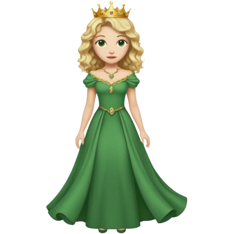 Queen, crown, blonde wavy hair, green eyes, long green narrpw dress, whole Body, emoji