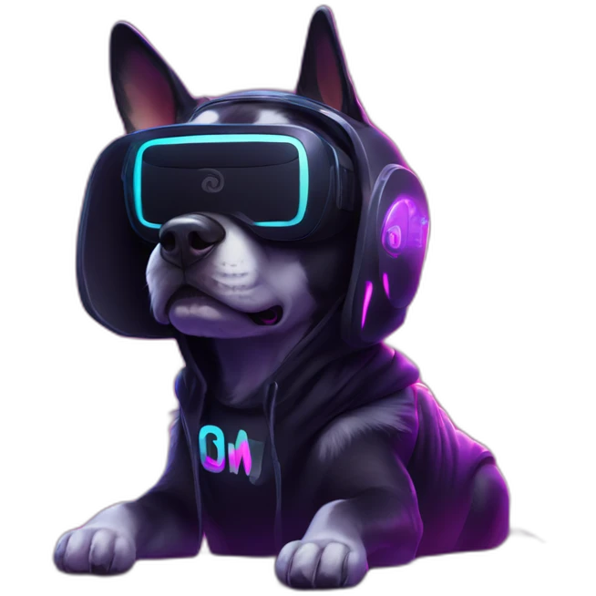 Russian dog wearing a black hoodie with "OMG" letters on it and VR headset in a cyberpunk VR environment with violet neon lighting. emoji