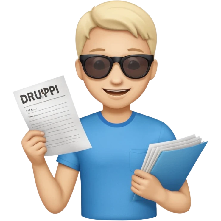 Смайлик в крутых очках, держит листок на котором написано «druppi sale” улыбается,а потом переворачивает листок и надпись изменяется на «лучшие шмотки» emoji