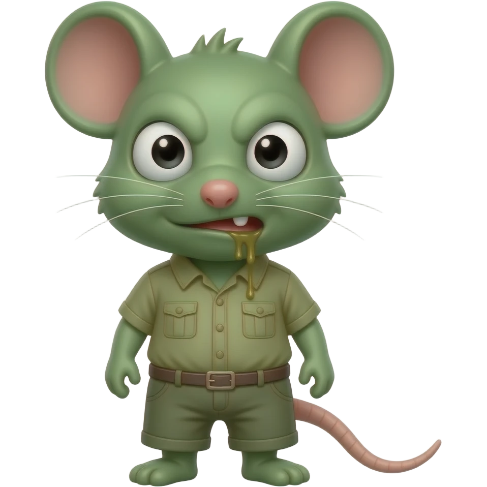 A little green mouse shaped like a little human dressed in khaki green, staring at us with a look of vile, he has vomit on his mouth. emoji