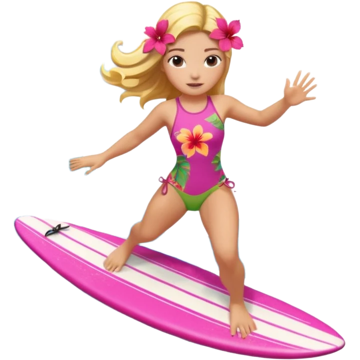 cute female surfer riding waves, hibiscus flower in hair, tropical swimsuit, colorful surfboard with Hawaiian patterns, water splash, 3D cartoon, mobile game icon style, clean background, no text emoji