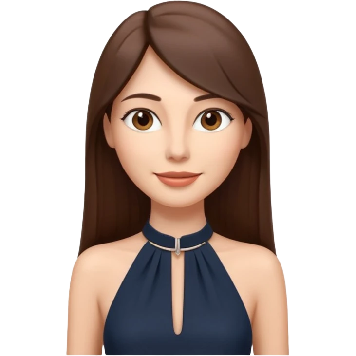 emoji-style illustration of a stylish pretty happpy woman with long straight brown hair, wearing a dark halter neck dress, elegant and minimalistic look, front-facing, soft 3D cartoon rendering, plain background emoji