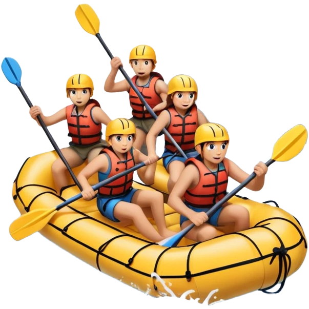 A group of adventurers paddling a raft through wild, fast-moving river rapids. The scene includes splashing water, rugged rocks, and intense action, emphasizing the excitement and teamwork of rafting in challenging conditions. emoji