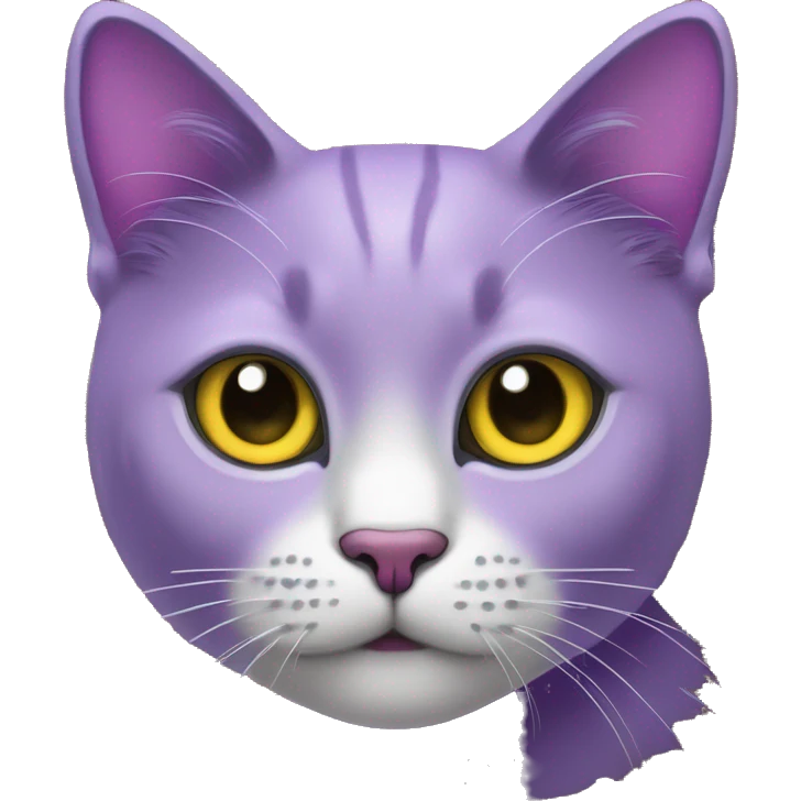 Un gato de color morado, ojos negros y pupilas blancas y un collar con una luna amarilla  emoji
