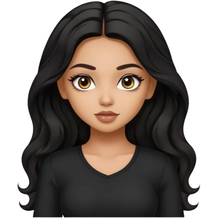 a pretty bratz dusky girl with long wavy black hair, kajal under eyes, black full sleeve  top emoji