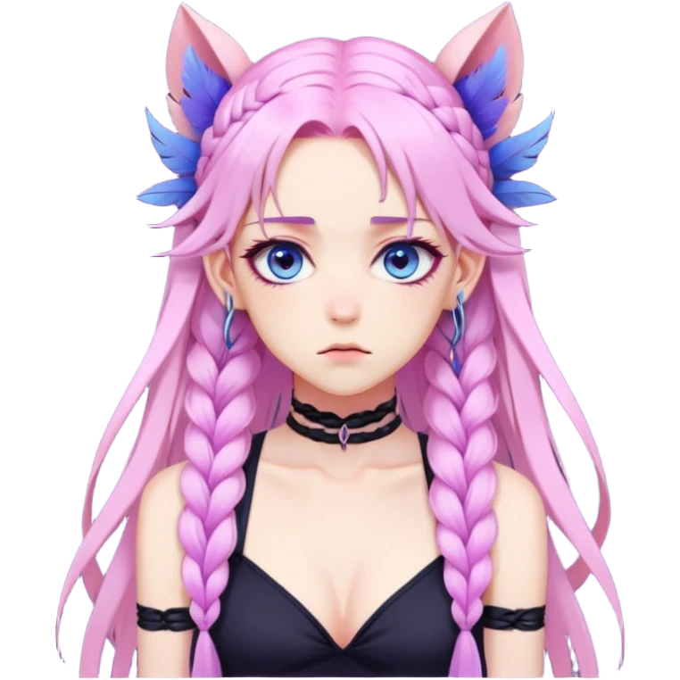 Gorgeous anime lady long-pale-pastel-pink-hair with one braid on each side, grumpy expression, purple-pink feather-ear-cuffs in hair, black bodysuit, blue eyes, pink iris, ethereal, fashion aesthetic, colorful emoji