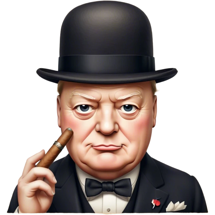 Cinematic Realistic Winston Churchill Portrait Emoji, depicted as a resolute British statesman with a signature bowler hat and a cigar, exuding determined leadership and wartime valor, rendered with lifelike textures and dramatic vintage lighting that captures his iconic British spirit. emoji