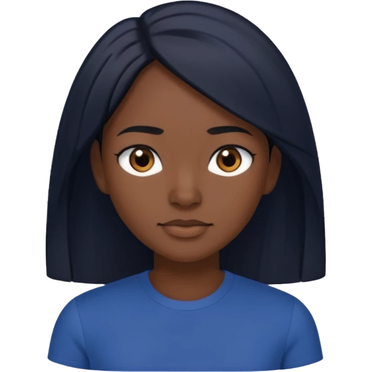 Una donna con una maglietta a mezze maniche blu scuro,capelli lisci  e lunghi e mori occhi marroni emoji