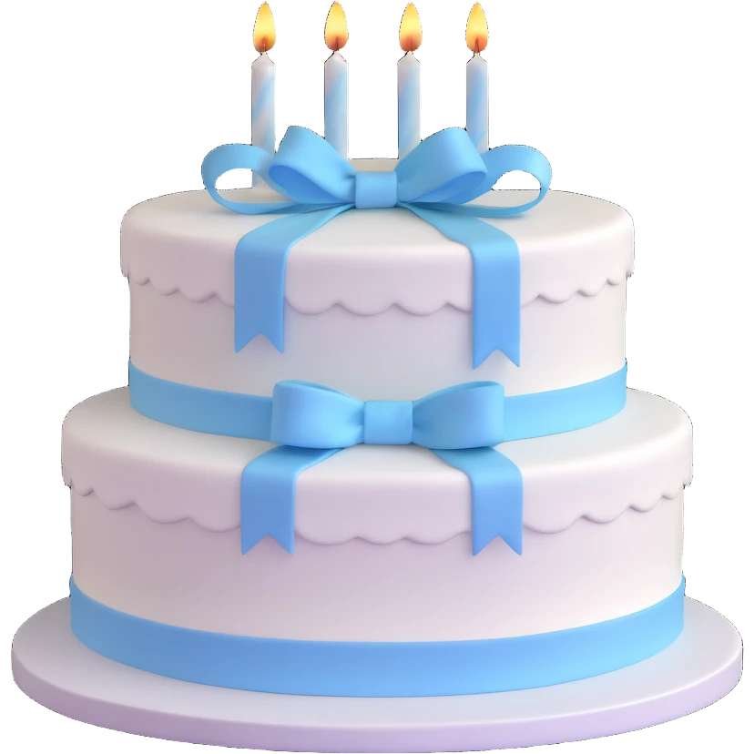 white birthday cake with light blue ribbons, soft shading, festive emoji