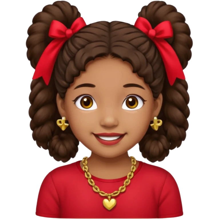 Brownskin girl dark brown hair fluffy. pigtails with red bows brown eyes smiling closed mouth red shirt gold esrrings gold necklace emoji