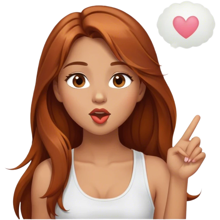 Girl with long brown copper hair, brow eyes, light tan skin, with a white tank top-blowing a kiss and winking emoji