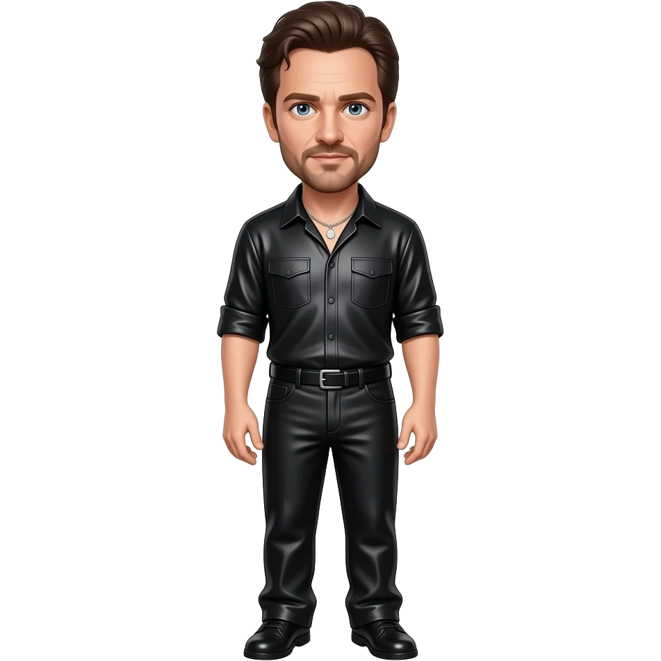 Ethan Hawke with blue eyes, dark brown hair, black metallic shirt, black metallic baggy pants, silver necklace emoji