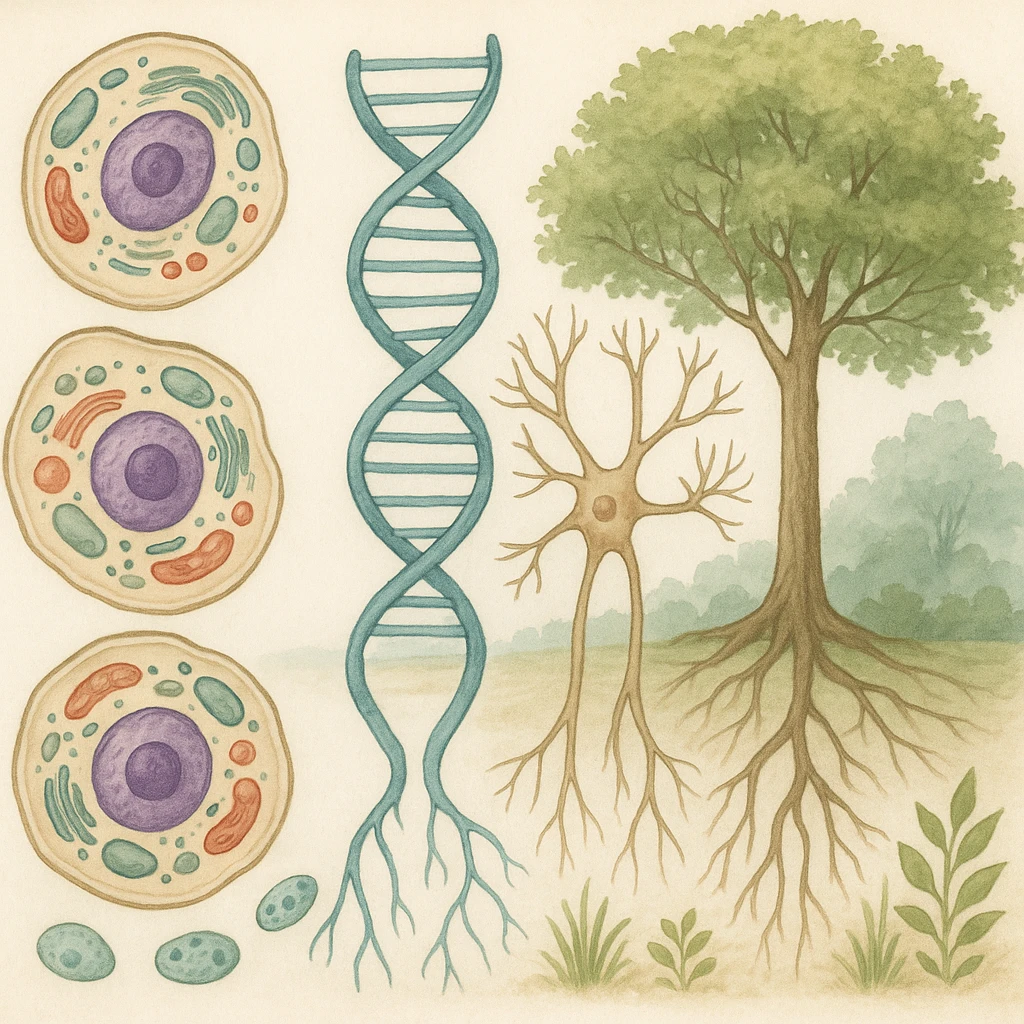 A realistic biological illustration (like in a school book) showing: DNA strands transitioning into a tree, cells with visible organelles, neurons connected to plant roots  and a balanced ecosystem background . Seamless integration, no labels or borders. Scientific color scheme, detailed but minimalist. emoji