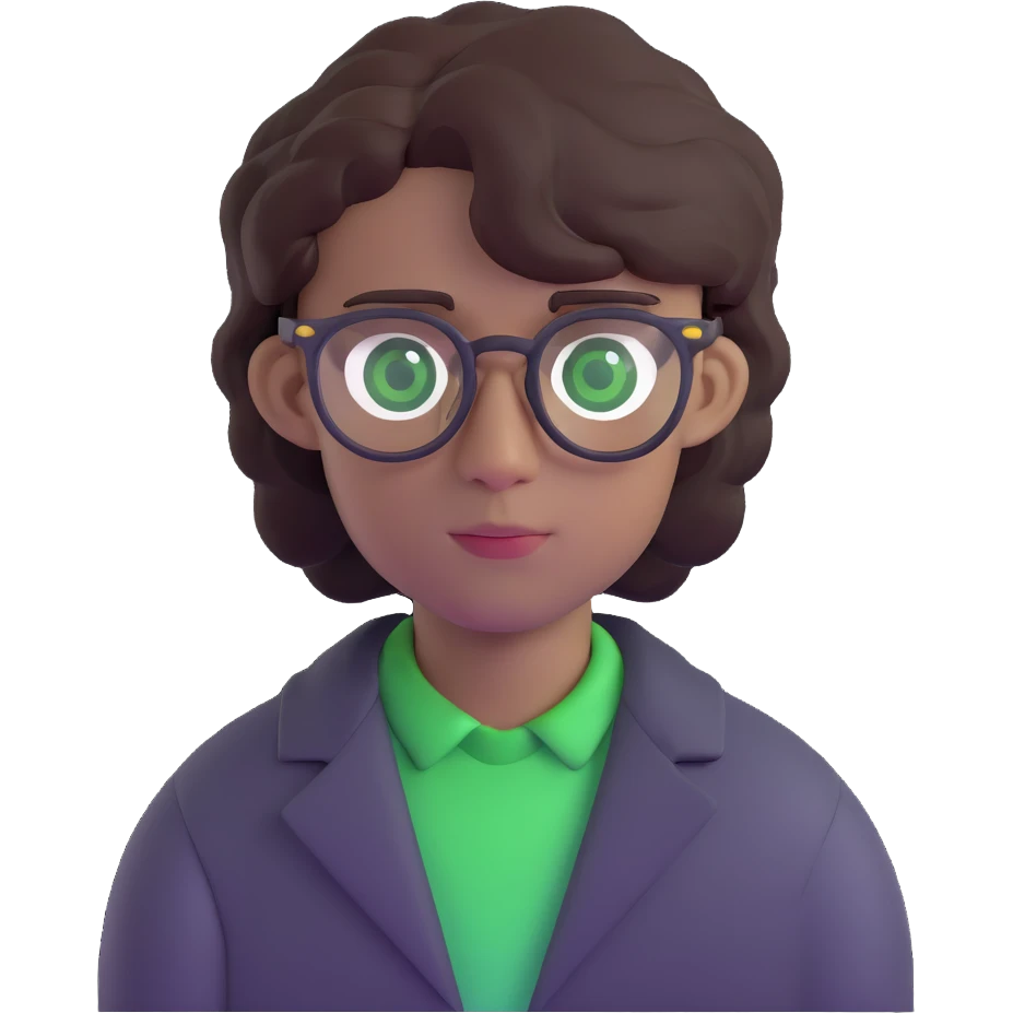 young man with dark slightly curled hair wearing glasses with green eyes emoji