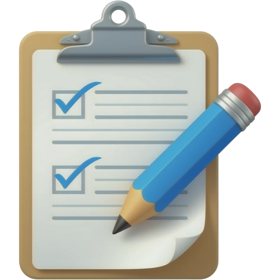 Clipboard with piece of paper and with blue pencil in front emoji