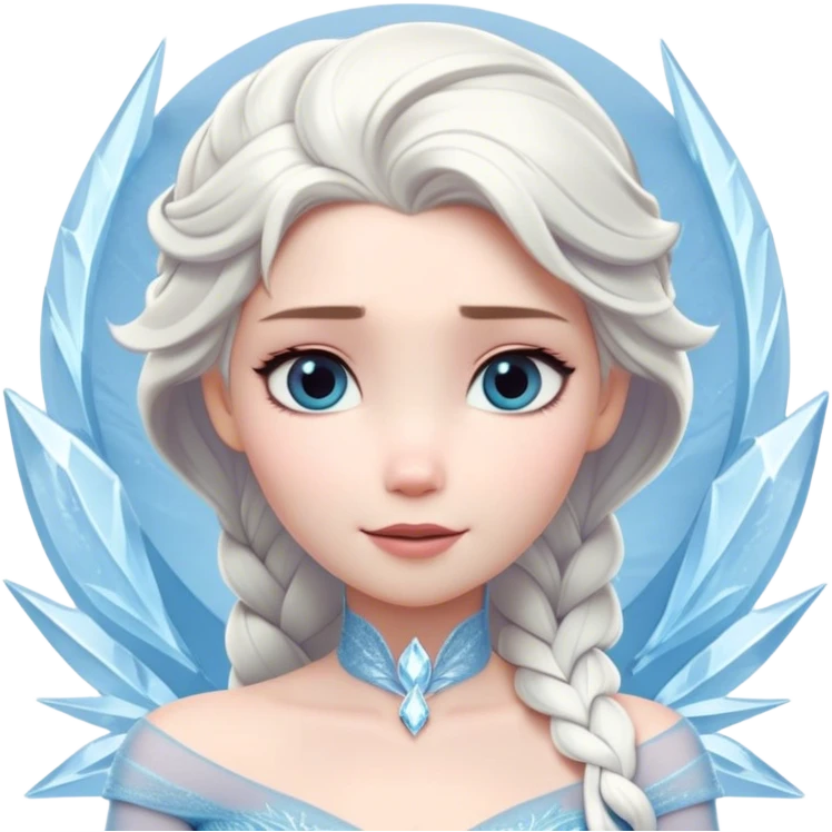 Cinematic Timeless Snow Queen Portrait Emoji, rendered in a clean, vector style. Depict Elsa with icy pale skin, intricately styled platinum hair, and a serene, regal expression, dressed in a minimalist ice-blue gown. The design features bold, simplified shapes, a soft, drowsy crystalline glow, and a subtle glowing outline, capturing the essence of timeless, majestic winter beauty. emoji