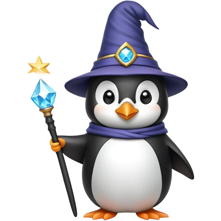 penguin wearing wizard hat and holding magic wand emoji