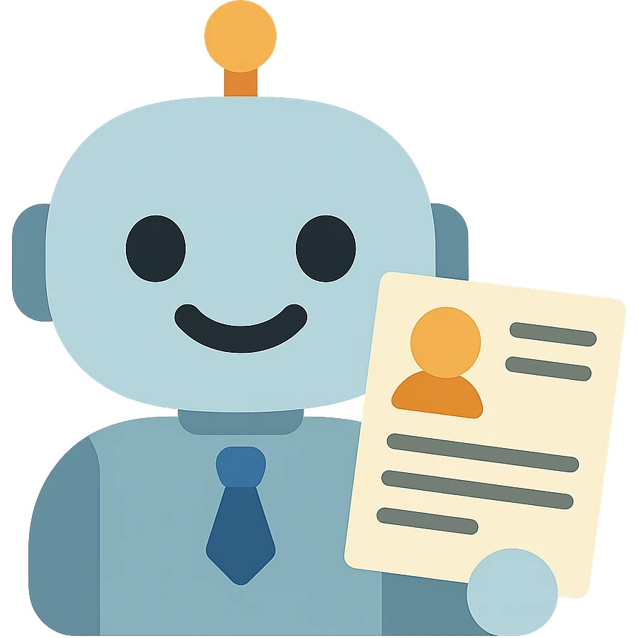 Make the recruiter robot emoji much cuter and more friendly, masculine, in apple style, flat, smiling, holding a resume, with a transparent background. emoji