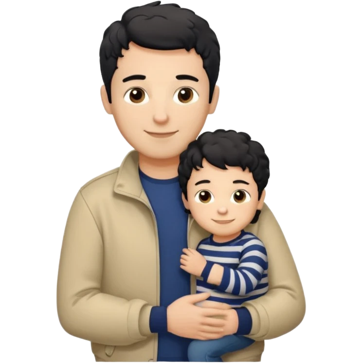 A father with short curly black hair and a friendly smile, dressed in a navy blue T-shirt and a beige jacket. He carries his child with soft straight dark hair wearing a tiny striped sweater. Bright, natural, heartwarming scene. emoji