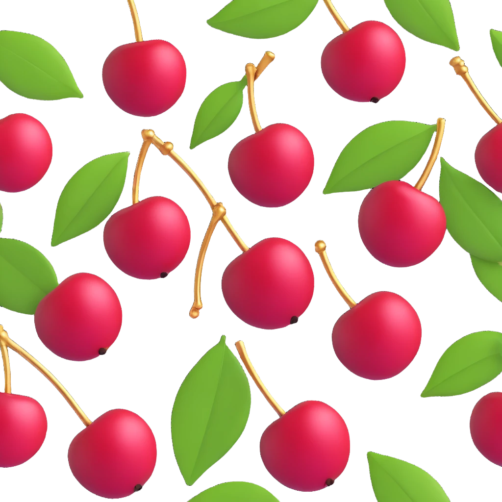 3d emoji of a cherry with two cherries and a leaf, glossy red cherries with gold stems and green leaves, realistic texture and lighting emoji