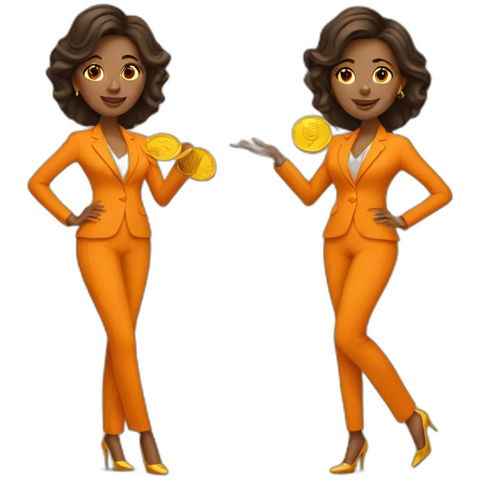 Posh-woman-with-orange-suit-holding-golden-coins emoji