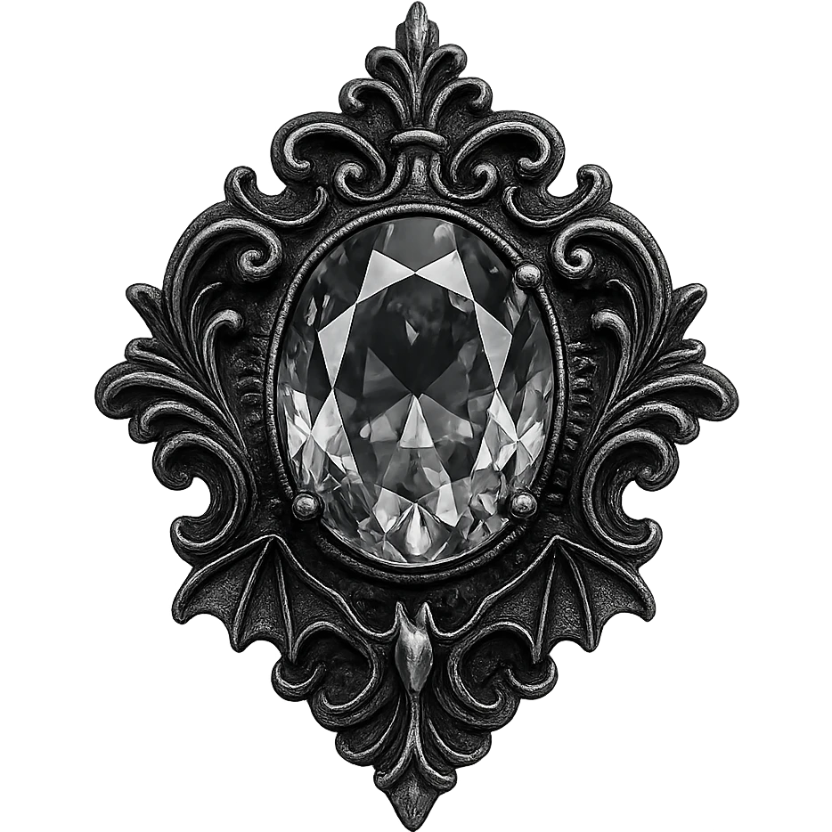 jeweled brooch in aristocrat goth style, silver and black, gothic motifs, sparkling gem emoji