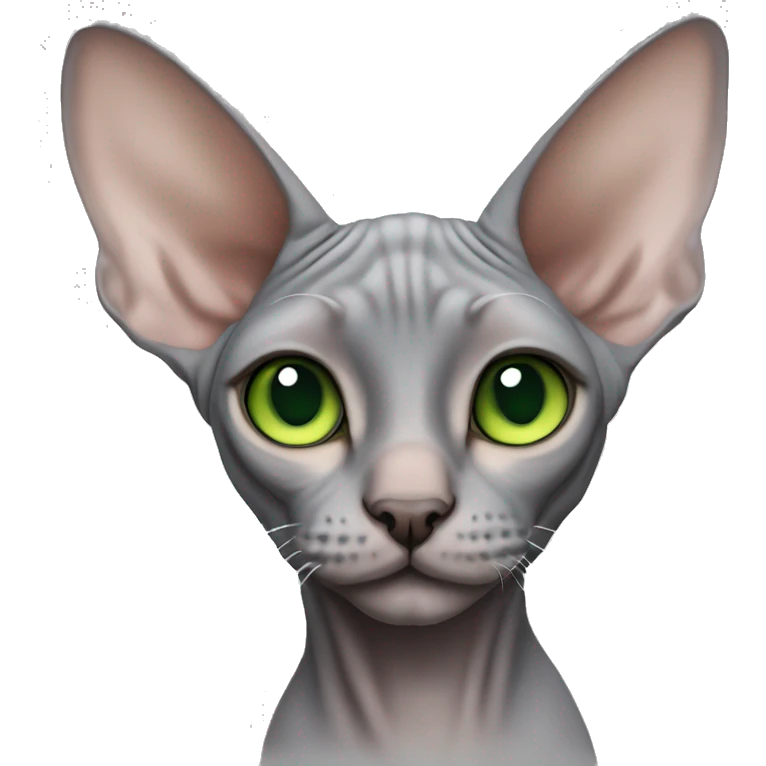Please make an emoji of a cute grey sphynx cat with green eyes with little bit of fur on his ears emoji