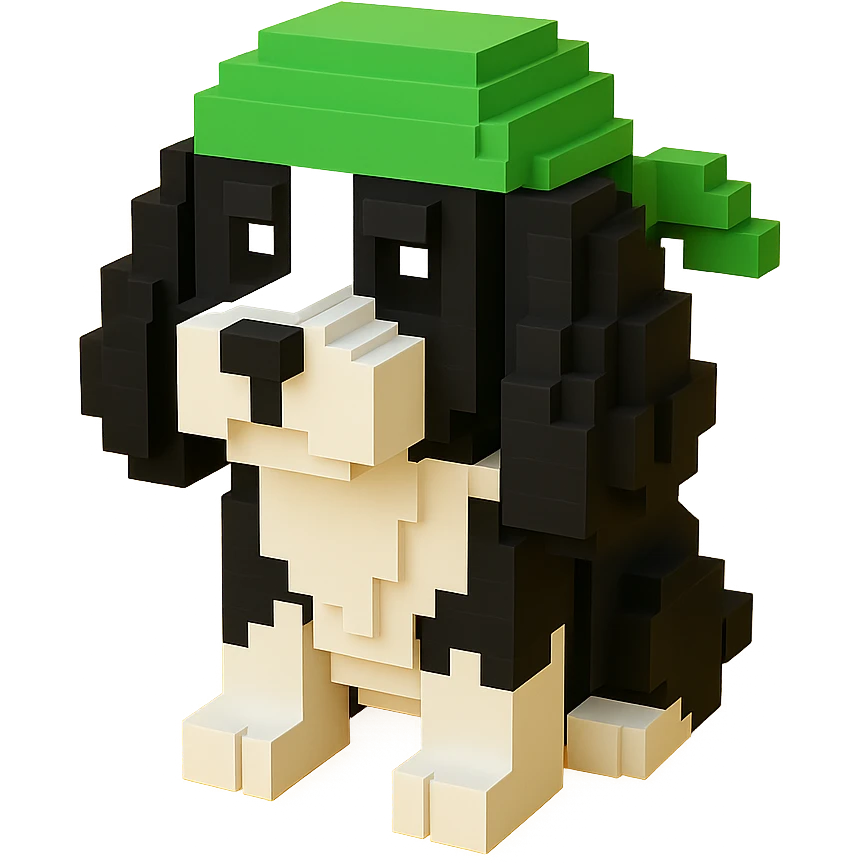 A black and white Russian Cocker Spaniel puppy wearing a green durag, voxel style, sitting emoji