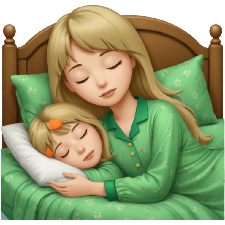 Young woman with long dark blond hair and a bang sleeping in bed  with green pyjama emoji