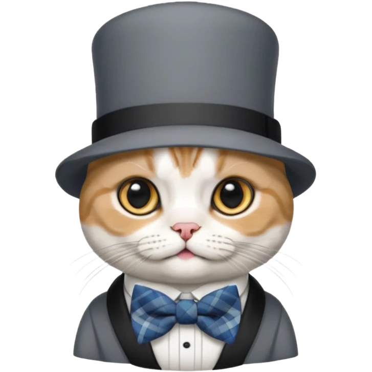 Cinsi scottish fold olan rengi Gri beyaz olan şapka ve papyon takan kedi emoji