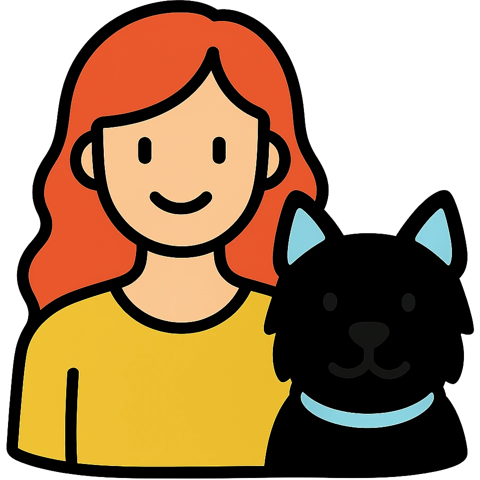 Change the woman's hairstyle to long wavy hair, keep the simple icon style and clear features with the Westie dog. emoji