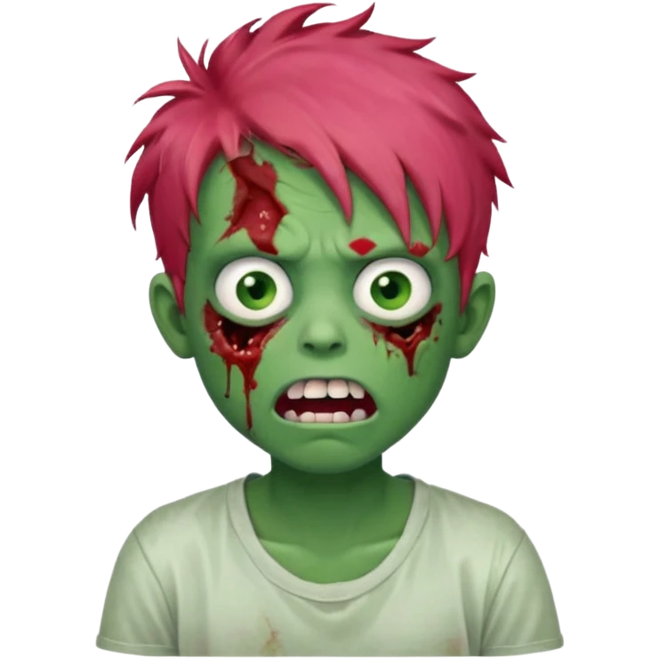 Boy, zombie, red messy hair, green skin, pink eyes, white t-shirt, open mouth with crooked teeth, tired expression. emoji