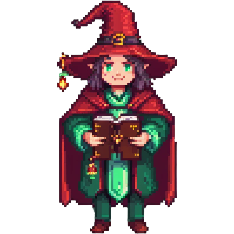 Red wizard CEO with spellbook and money pouch, fantasy RPG guild leader, pixel art style emoji
