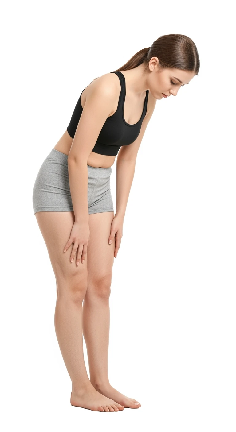 donna giovane DI SPALLE con cellulite buchi di cellulite e ritenzione in gym short leggermente piegata in avanti, con espressione dispiaciuta in volto isolata su sfondo bianco emoji