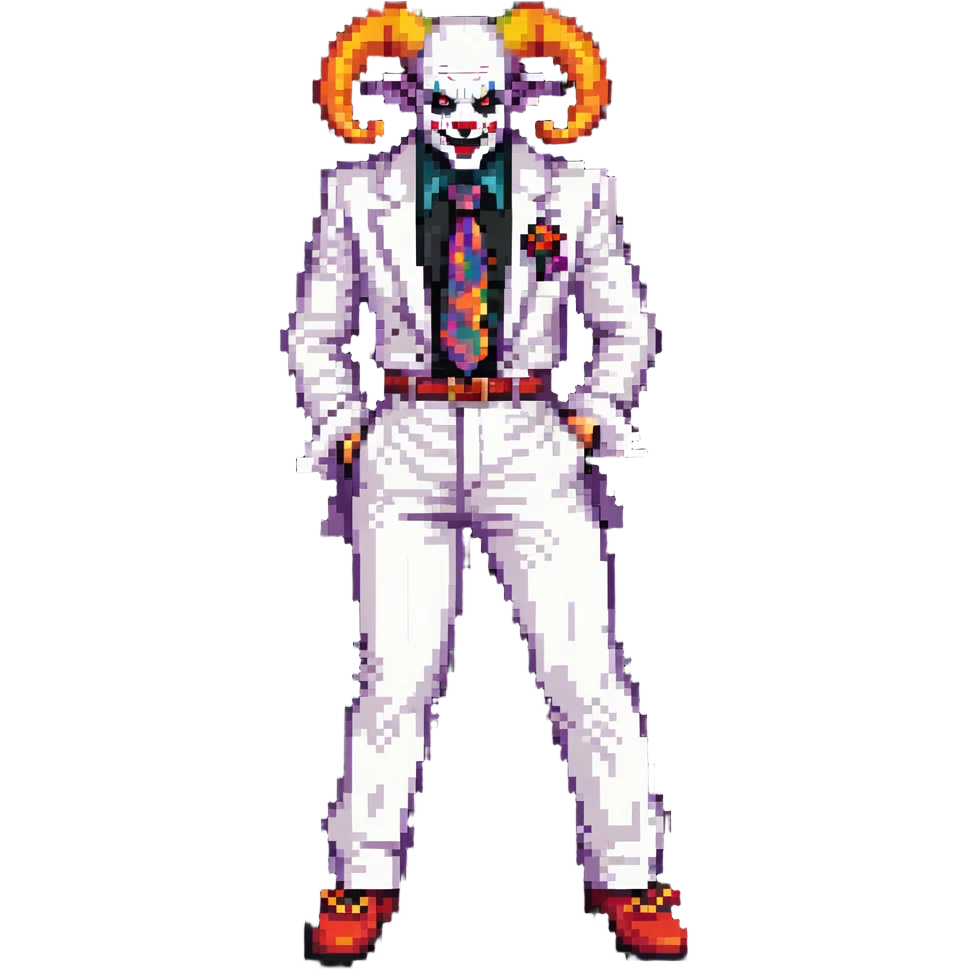 full-body demonic clown in a white leisure suit with bellbottom pants, bald, black ram horns, elevator shoes, flashy belt, ruffled shirt, colorful tie emoji