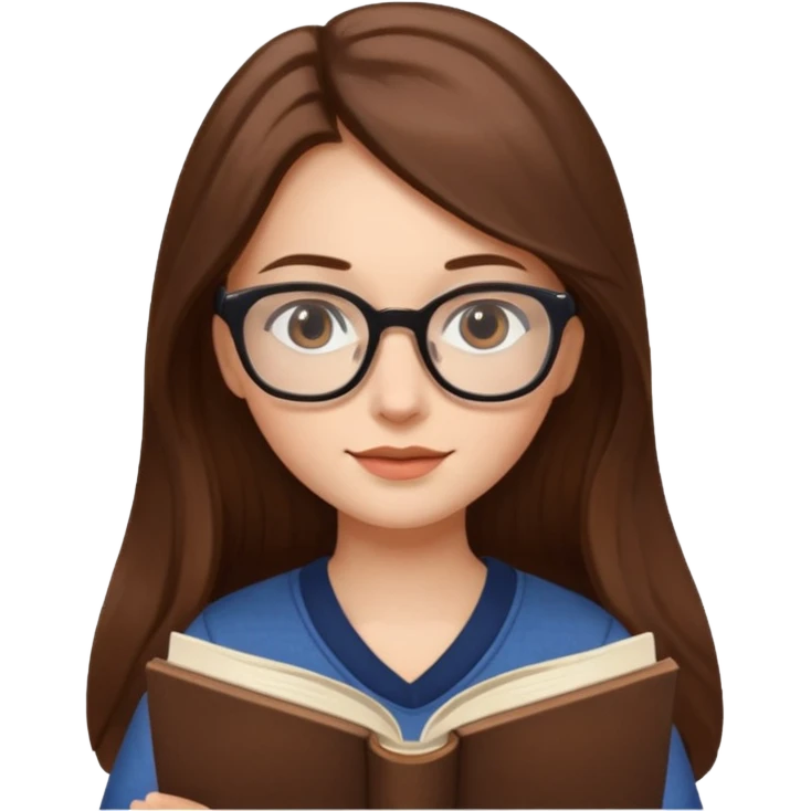 beautiful girl long brown hair, wear glasses, reading a book  emoji