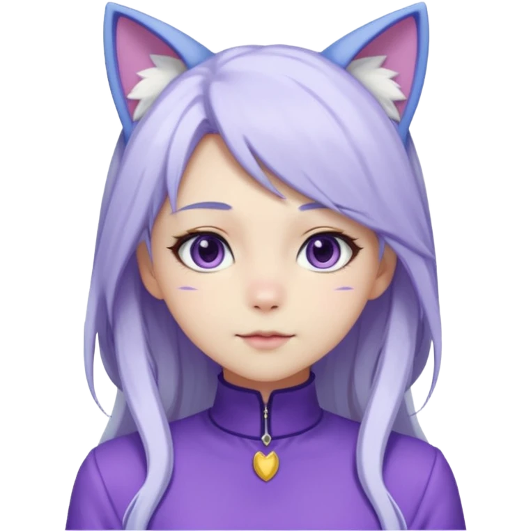 female anime character with long white hair and periwinkle highlights and cat ears on her head. She is wearing a purple outfit with a high neckline and long sleeves.  emoji