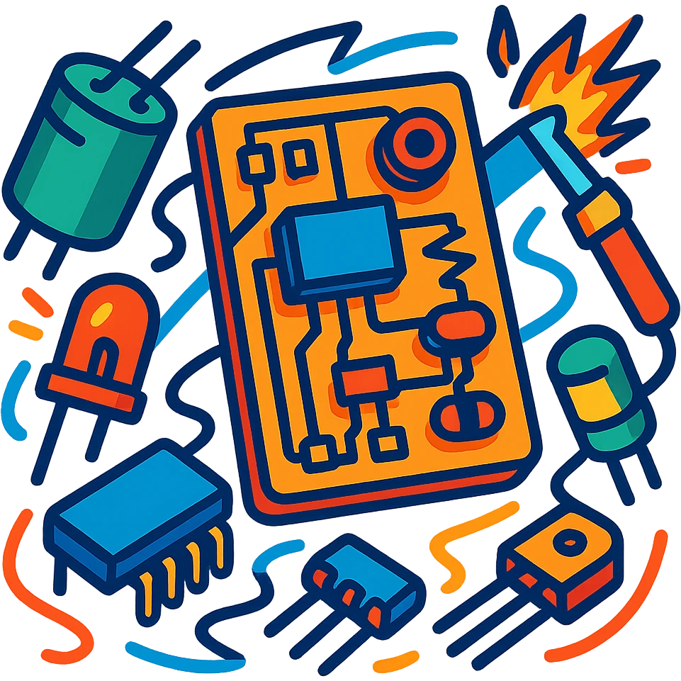 bold colors and dynamic lines showing electronic components, electronics engineering concept, vibrant toon style emoji