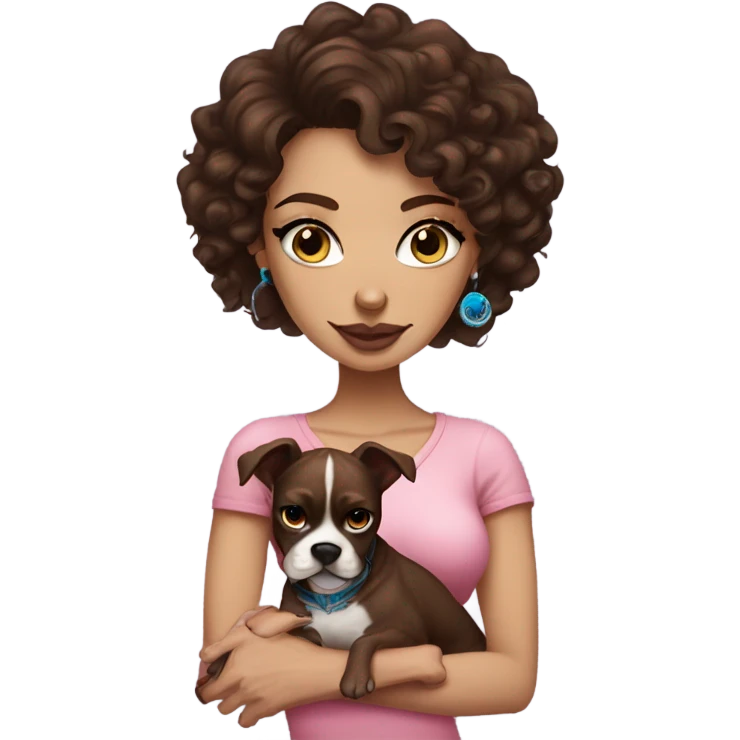 Beautiful tattooed curly dark brown haired woman holding a boxer dog and pink sphinx with blue eyes emoji
