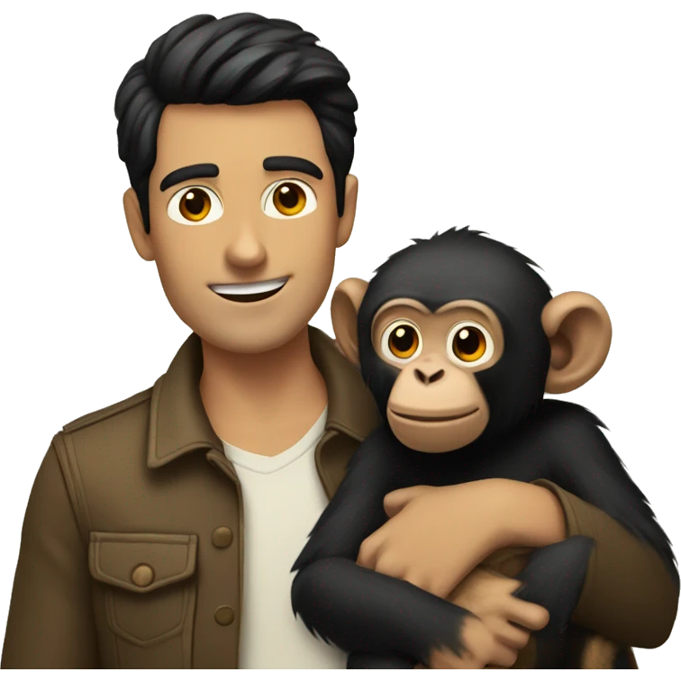 a guy with black hair holds a monkey in his arms emoji