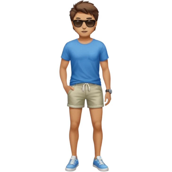 Handsome. Male. Short brown hair. Messy hairstyles. Sunglasses. Sexy pose. Full body. Wearing shorts emoji