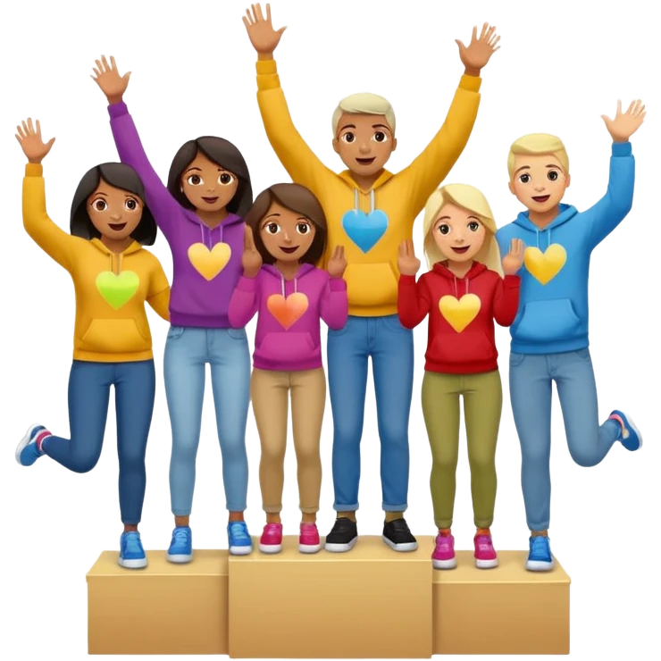 multi-racial people in colorful jeans, t-shirts, and hoodies on an un-numbered winners’ podium, middle step higher, excited, fun, expressive emoji style emoji