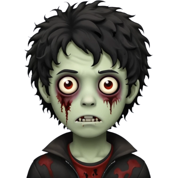 Boy, zombie, black and curly hair, medium long, emo, shaggy, dark, spooky, creepy expression emoji
