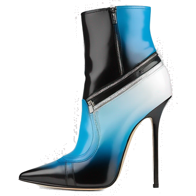 Realistic isolated top view of a pair of white,sky blue,and black ombre Jimmy Choo Stiletto Heel Zippered ankle bootie boots  emoji