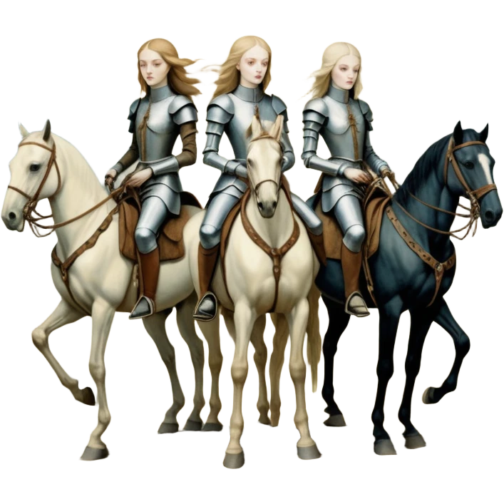 cinematic - aesthetic brilliant radiant divine lighting, oil paint - ivory Four thin women as riders of the Apocalypse, after a graphic by Albrecht Dürer in a desolate landscape on horse skeletons emoji