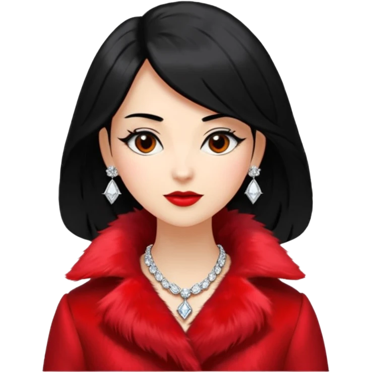 * Character: A stylish lady,black hair
* ﻿﻿Clothing: A luxurious red fur coat
* ﻿﻿Accessories: A dazzling diamond necklace
* ﻿﻿Expression: Confident, elegant, maybe slightly glamorous
* ﻿﻿Pose: Head slightly tilted or a poised posture
* ﻿﻿Style: Emoji-like, simple but expressive emoji