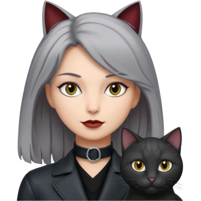 femme aux yeux gris, cheveux court bordeaux avec cuir noir, accompagné d'un chat poils longs gris clair et d'un chat poils ras noirs emoji