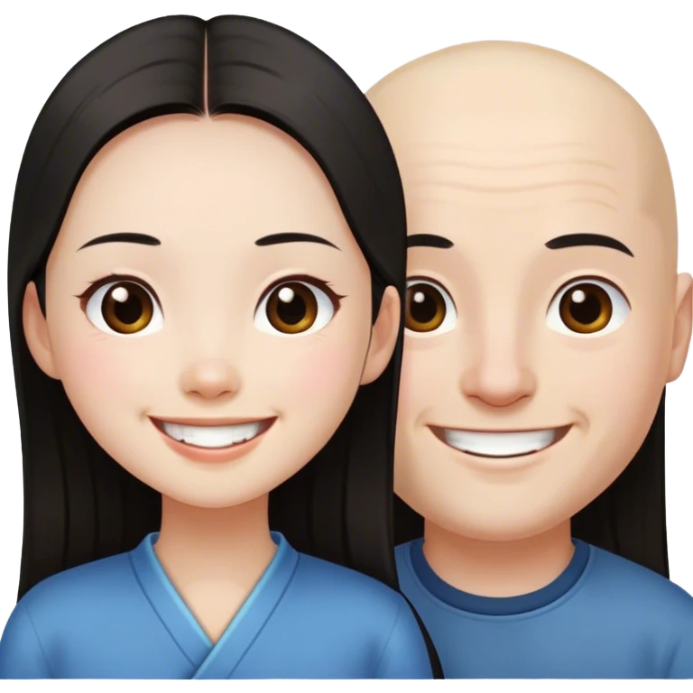 Long dark hair Chinese girl loves bald white boy emoji